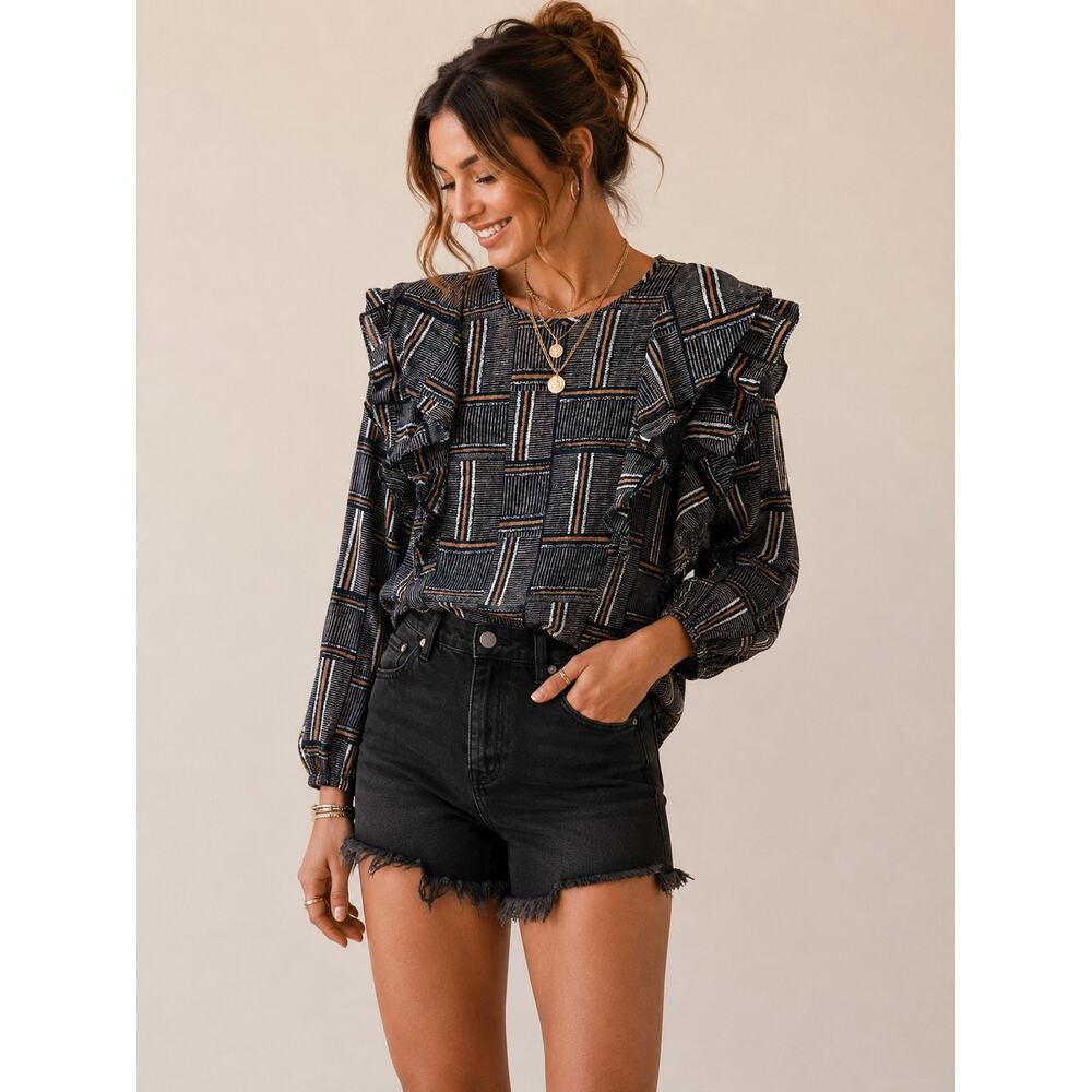 ANTHROPOLOGIE Dolan Geometric Ruffle Sleeve Blouse Boho Stripe Peasant Top | XL